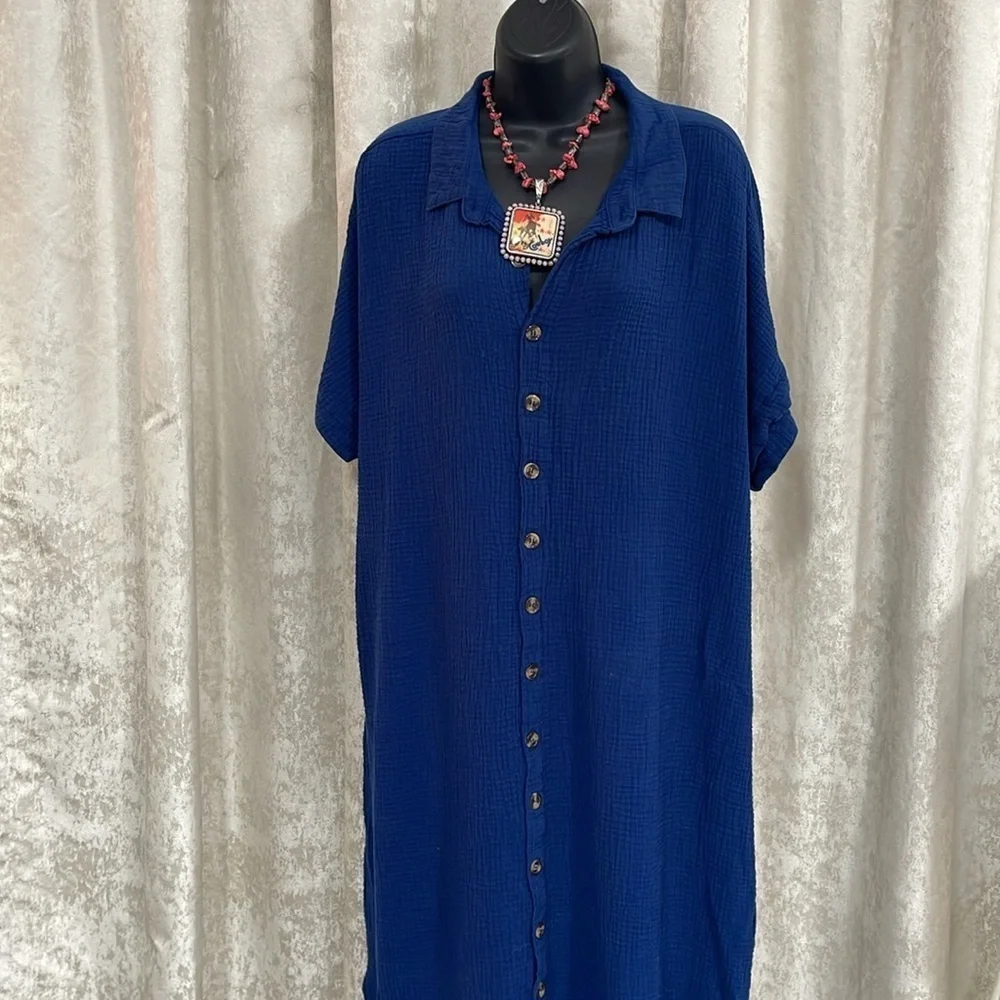 Rich Blue Casual Button Down Shirt dress with Textured Fabric and Relaxed Fit